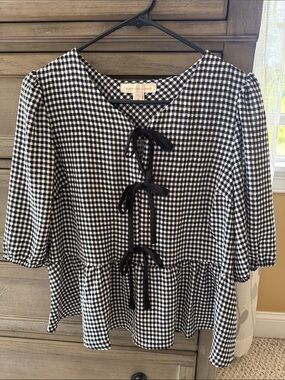Gingham Tie-Front Peplum Blouse in Black & White